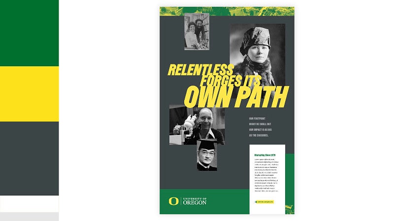 example campaign poster showing use of UO Yellow and UO Green with secondary grays and white