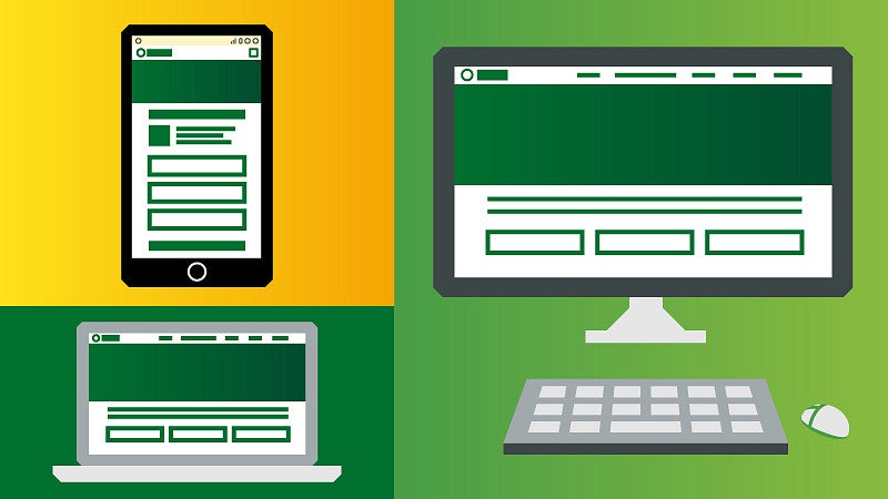 collage of illustrations of desktop computer, keyboard, smart phone, and laptop.