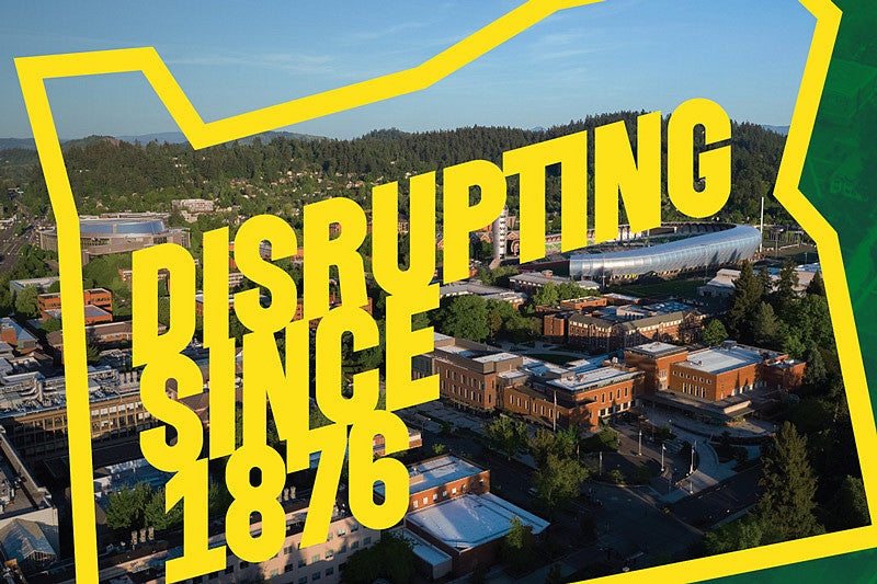 Aerial campus view with yellow text reading Disrupting Since 1876