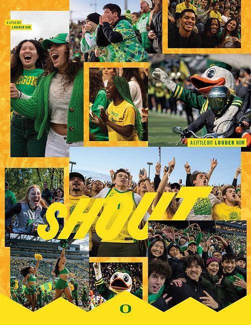collage of crowds of students with the word shout