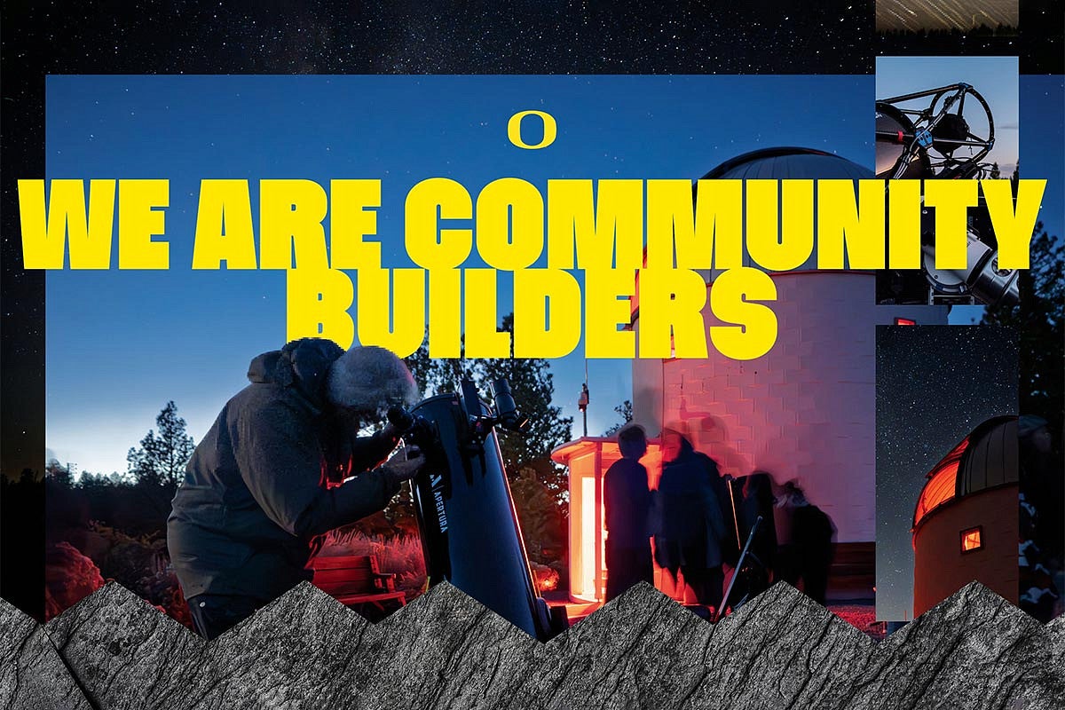 example of shape element in use at the bottom of an image with the words "we are community builders"