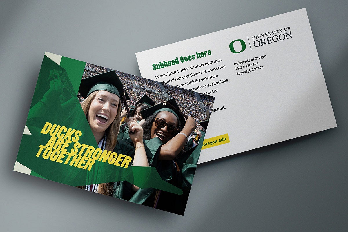 example of a duck shape element on the left side of a graduation postcard with the words "ducks are stronger together""