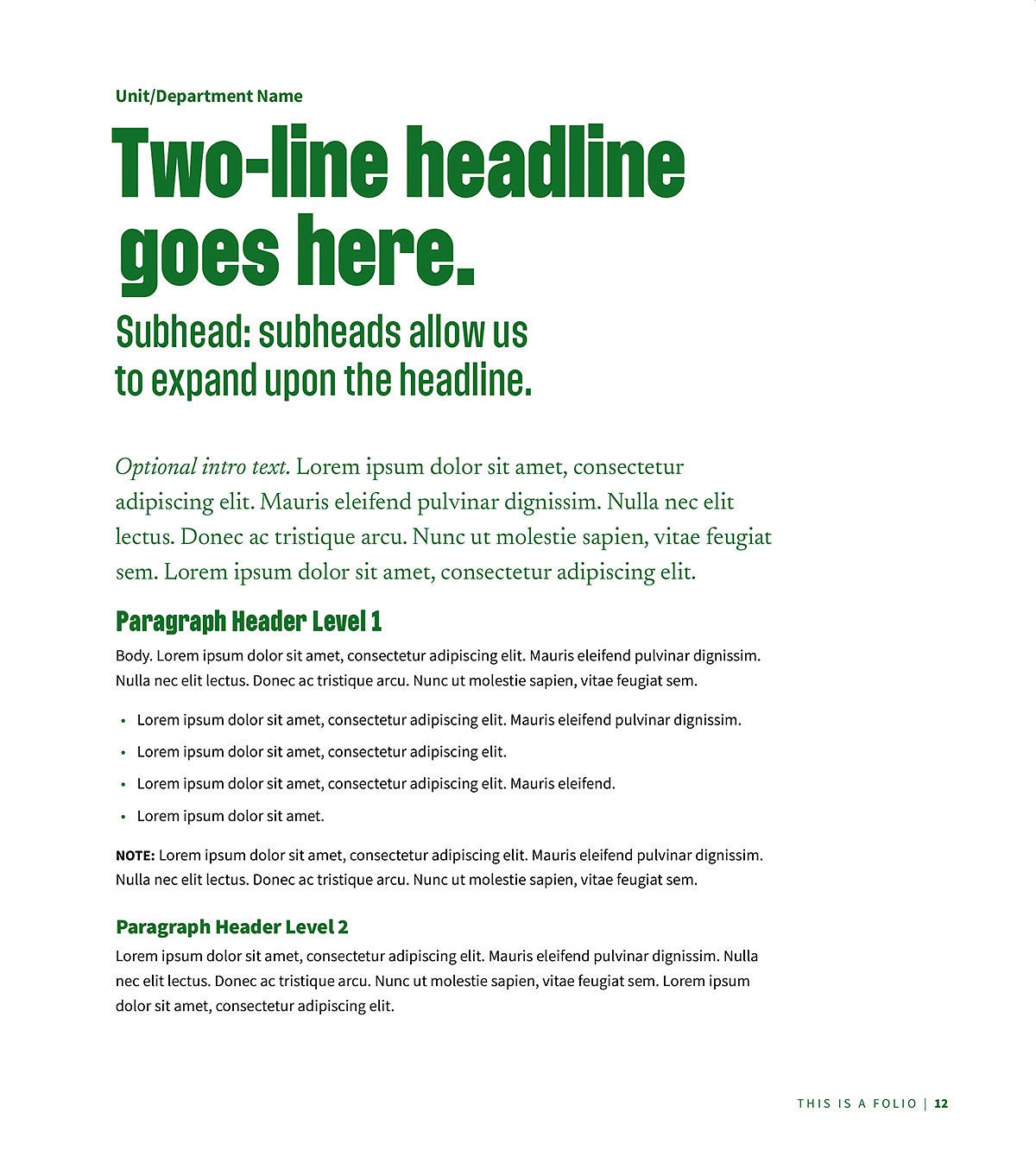 example folio print piece using various font styles