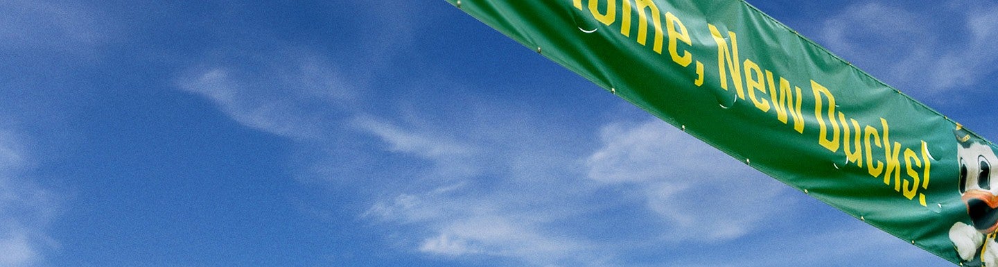 Photo of a Ducks banner against a blue sky