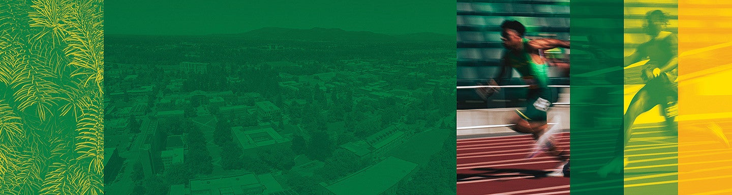 duotone collage of track runner and aerial view of UO campus