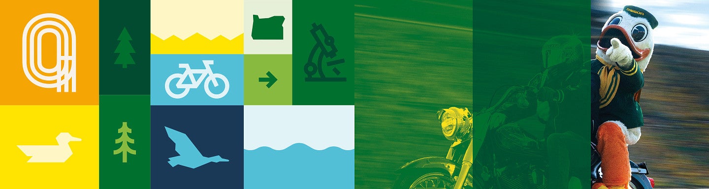 collage of icons and an image of the Duck riding a duotone motorcyle