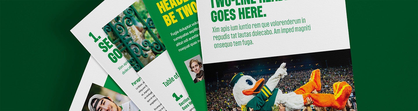 five examples, fanned out, of page layouts using UO branding