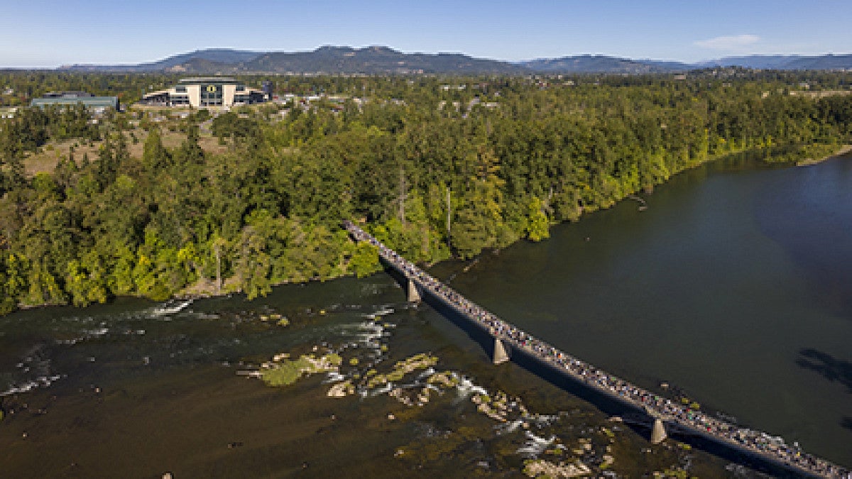 Aerial view of Willamette Footbridge and Autzen Stadium